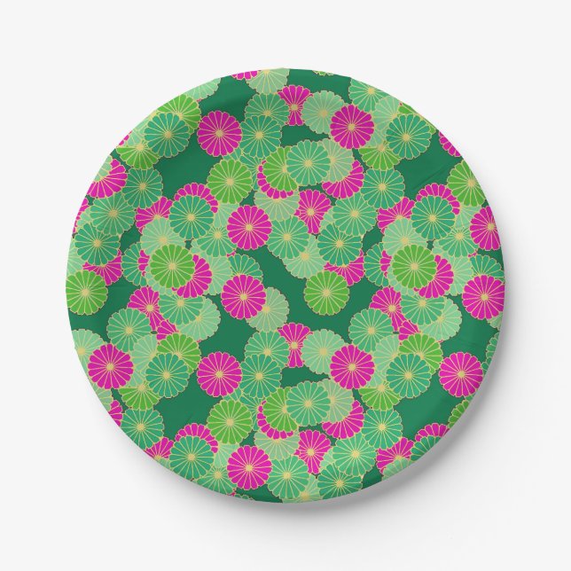 Art Deco flower pattern - shades of green, fuchsia Paper Plate (Front)