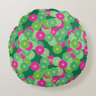 Art Deco flower pattern - shades of green, fuchsia Round Pillow