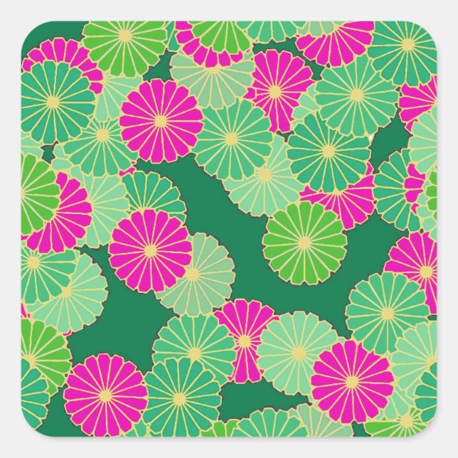 Art Deco flower pattern - shades of green, fuchsia Square Sticker (Front)