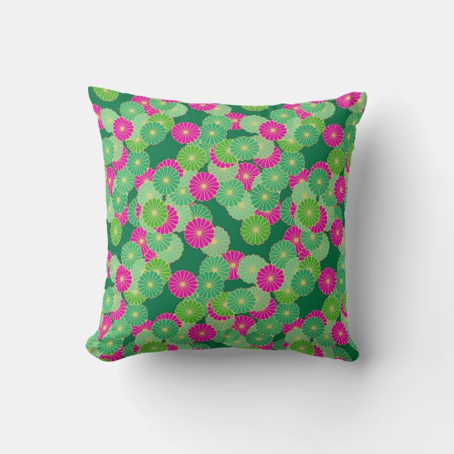 Art Deco flower pattern - shades of green, fuchsia Throw Pillow (Front)
