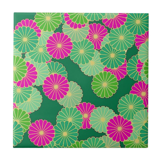 Art Deco flower pattern - shades of green, fuchsia Tile (Front)