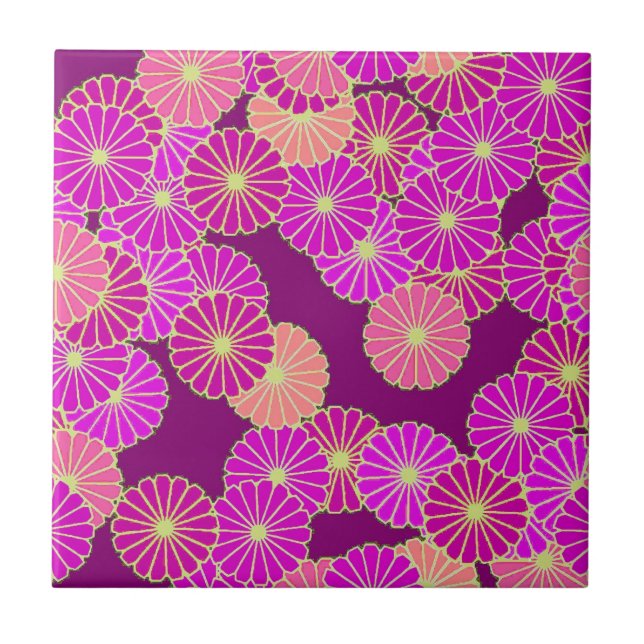 Art Deco flower pattern - shades of violet, coral Tile (Front)