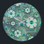 Art deco flower pattern vintage floral geometric large clock<br><div class="desc">Art deco floral vintage pattern with flowers and geometric metallic look 1920's design . In colours of turquoise,  green,  blue and white.</div>