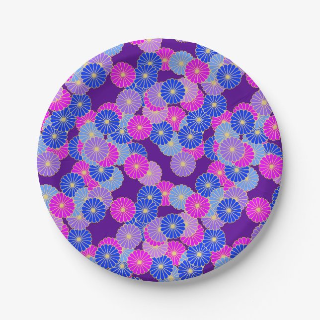 Art Deco flower pattern - violet, blue and purple Paper Plate (Front)