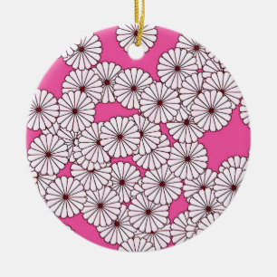 Art Deco flower pattern - white on deep pink Ceramic Ornament