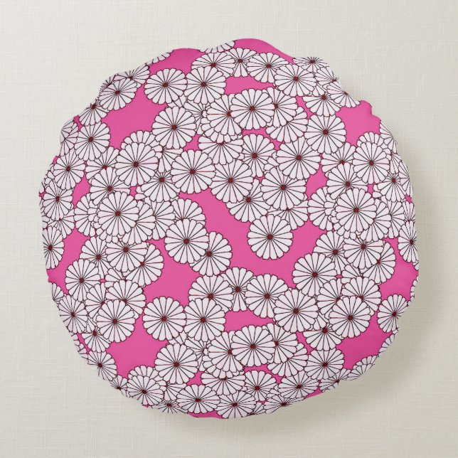 Art Deco flower pattern - white on pink Round Pillow (Back)