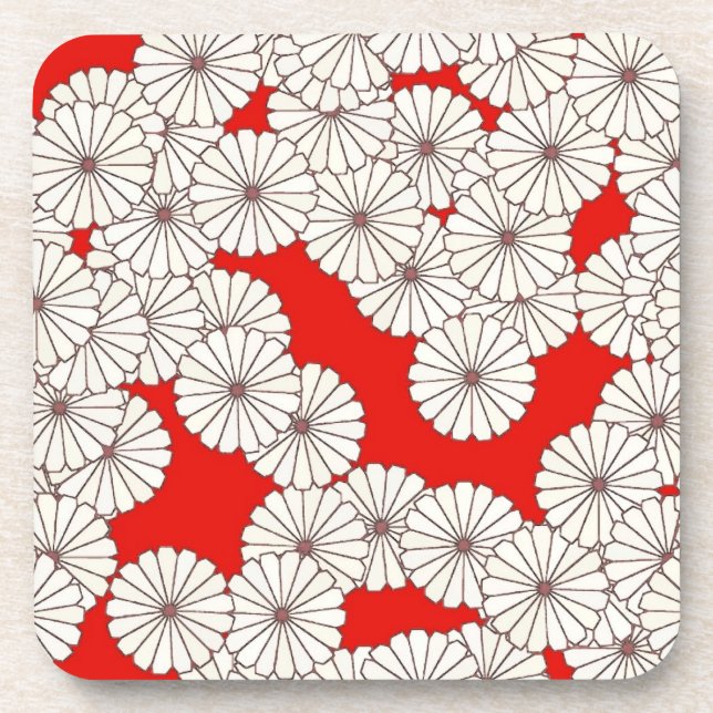 Art Deco flower pattern - white on red Coaster (Front)