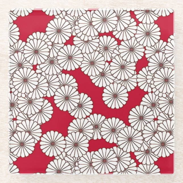 Art Deco flower pattern - white on red Glass Coaster (Front)