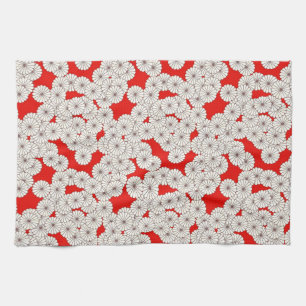 Art Deco flower pattern - white on red Kitchen Towel