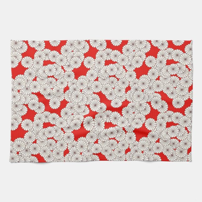 Art Deco flower pattern - white on red Kitchen Towel (Horizontal)