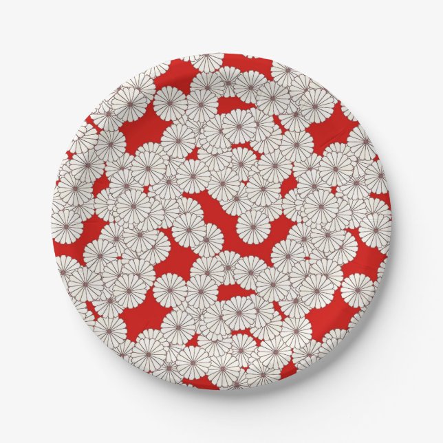 Art Deco flower pattern - white on red Paper Plate (Front)