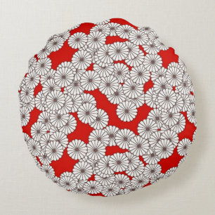 Art Deco flower pattern - white on red Round Pillow