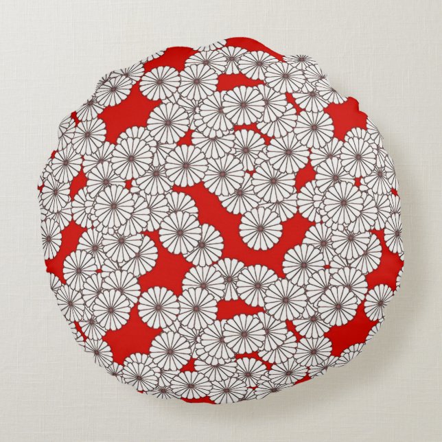 Art Deco flower pattern - white on red Round Pillow (Back)