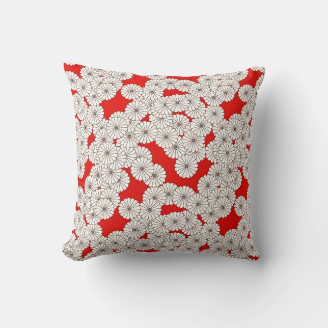 Art Deco flower pattern - white on red Throw Pillow (Front)