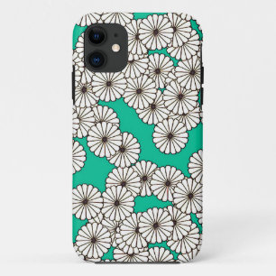 Art Deco flower pattern - white on turquoise iPhone 11 Case