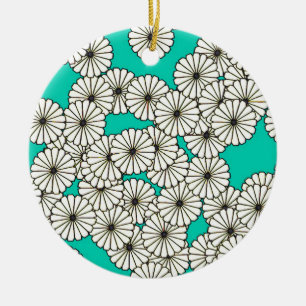 Art Deco flower pattern - white on turquoise Ceramic Ornament