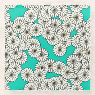 Art Deco flower pattern - white on turquoise Glass Coaster