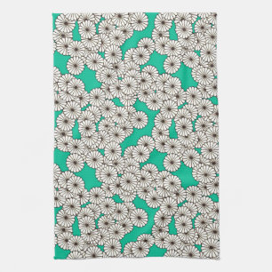 Art Deco flower pattern - white on turquoise Kitchen Towel