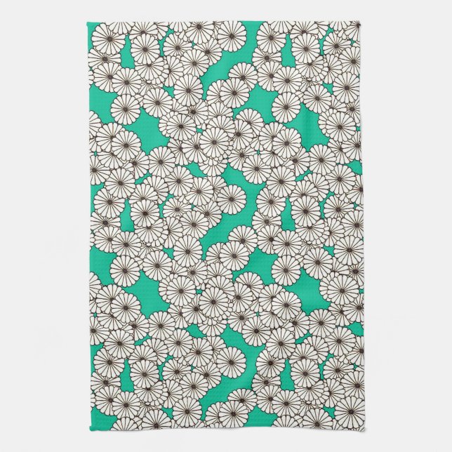 Art Deco flower pattern - white on turquoise Kitchen Towel (Vertical)