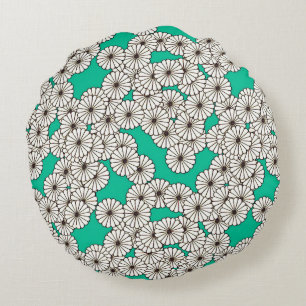 Art Deco flower pattern - white on turquoise Round Pillow