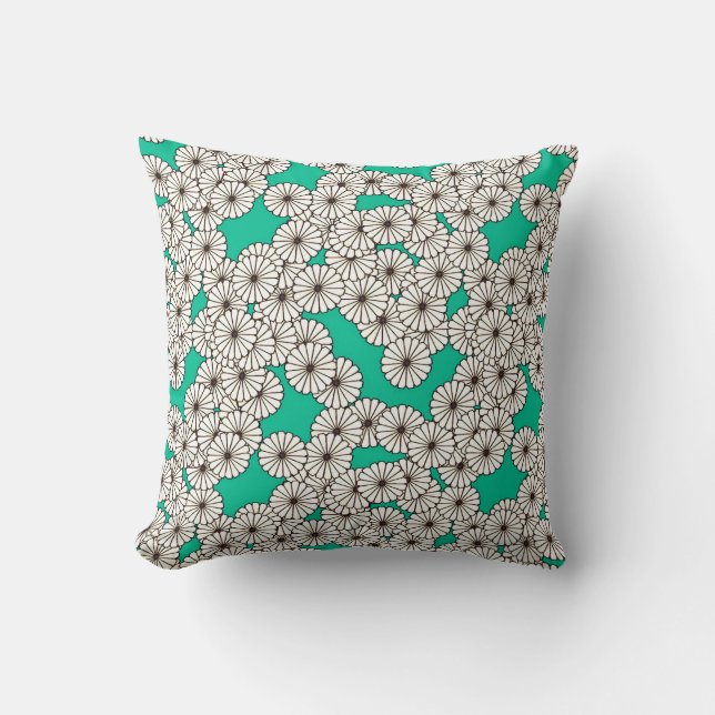 Art Deco flower pattern - white on turquoise Throw Pillow (Front)