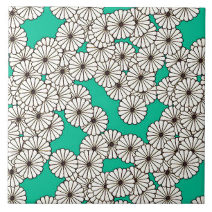 Art Deco flower pattern - white on turquoise Tile