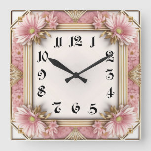 Art Deco Flower Pink Square Wall Clock