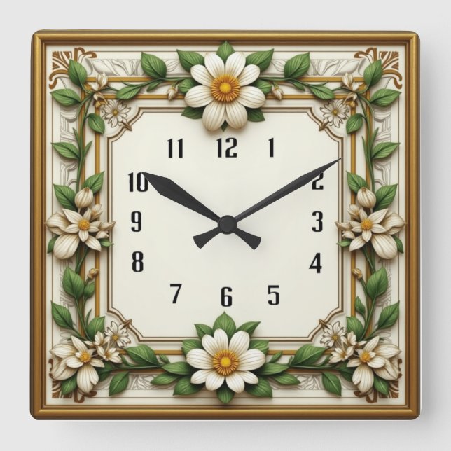 Art Deco Flower Square Wall Clock (Front)