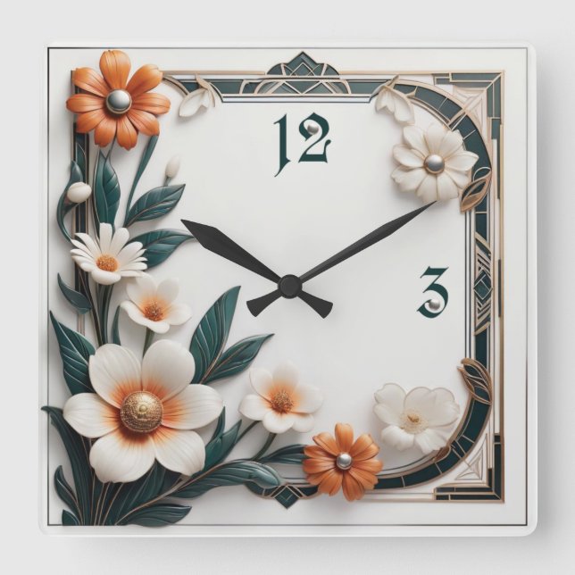 Art Deco flower Square Wall Clock (Front)