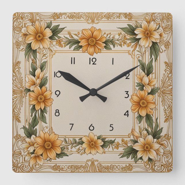 Art Deco flower Square Wall Clock (Front)