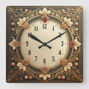 Art Deco Flowers Square Wall Clock