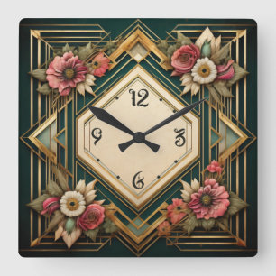 Art Deco Flowers Square Wall Clock