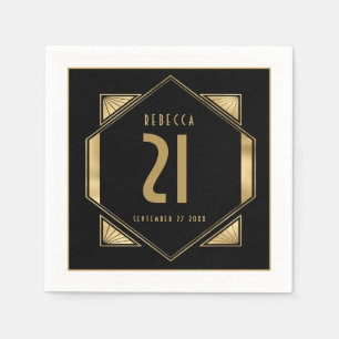 Art Deco Frame 21st Birthday Name Date Gold Black Napkin