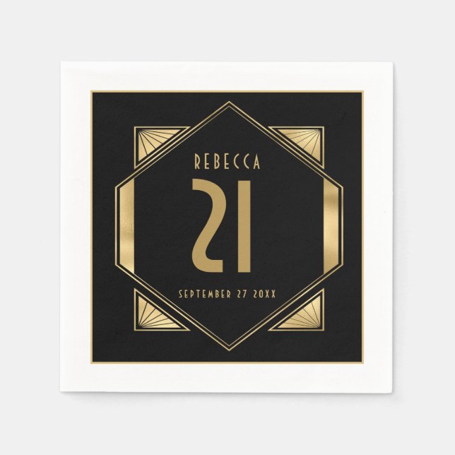 Art Deco Frame 21st Birthday Name Date Gold Black Napkin (Front)