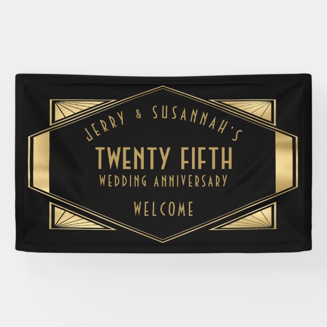 Art Deco Frame 25th Anniversary Names Gold Black Banner (Horizontal)