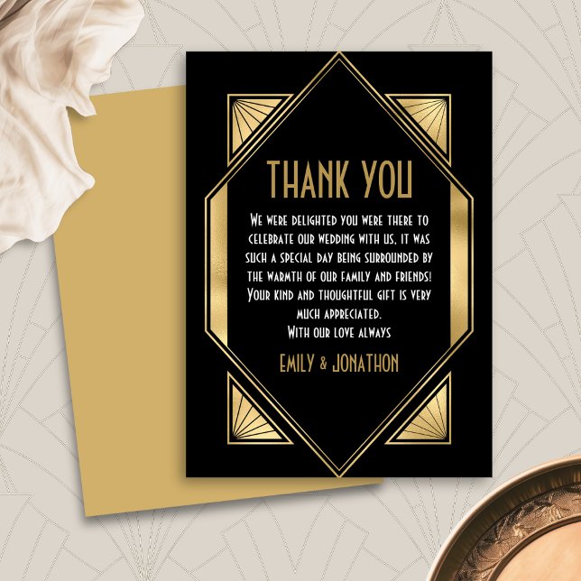 Art Deco Frame Black Gold Wedding Thank You (Front and back view)