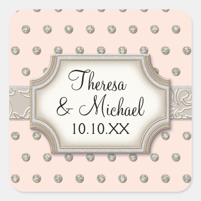 Art Deco Frame Champagne Silver Jewel Dots Square Sticker (Front)