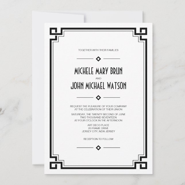 Art Deco Frame Custom Photo Wedding Flat Invite (Back)
