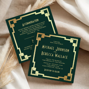 Art Deco Frame Emerald Gold All in One Wedding Invitation