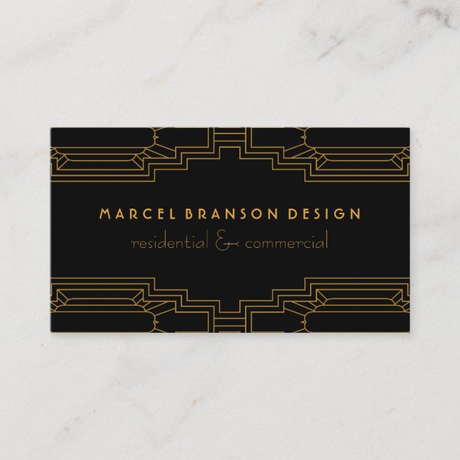 Art Deco Frame Gold on Custom Colour Black Business Card (Front)