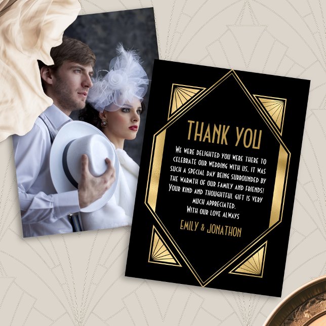 Art Deco Frame Photo Black Gold Wedding Thank You Card (Front and back view)