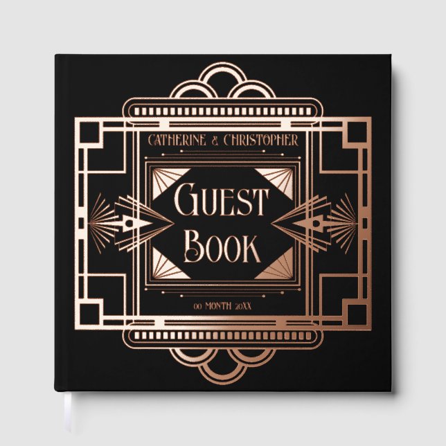 Art deco Gatsby 20's black real foil rose gold Guest Book (Front)