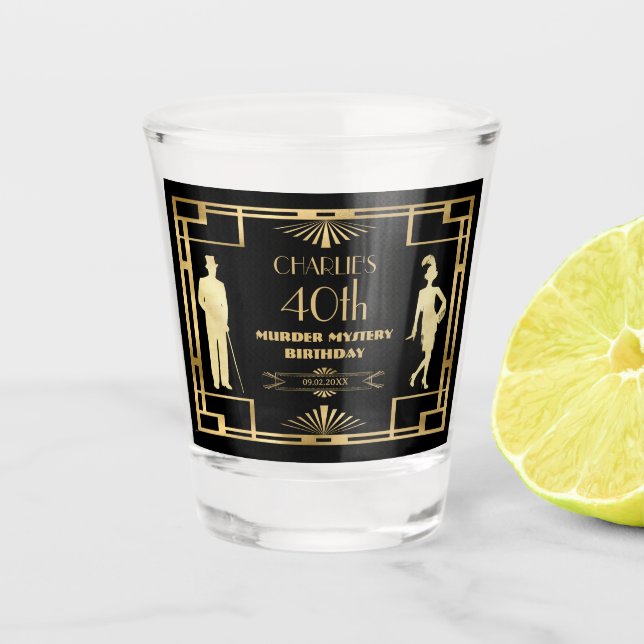 Art Deco Gatsby 20s Murder Mystery Gold Birthday Shot Glass (Front)