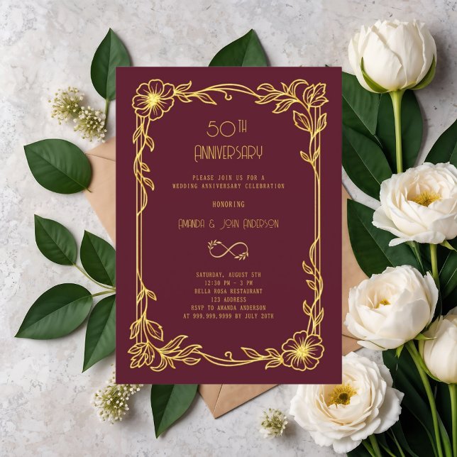 Art Deco Gatsby burgundy 50th wedding anniversary Invitation (Creator Uploaded)