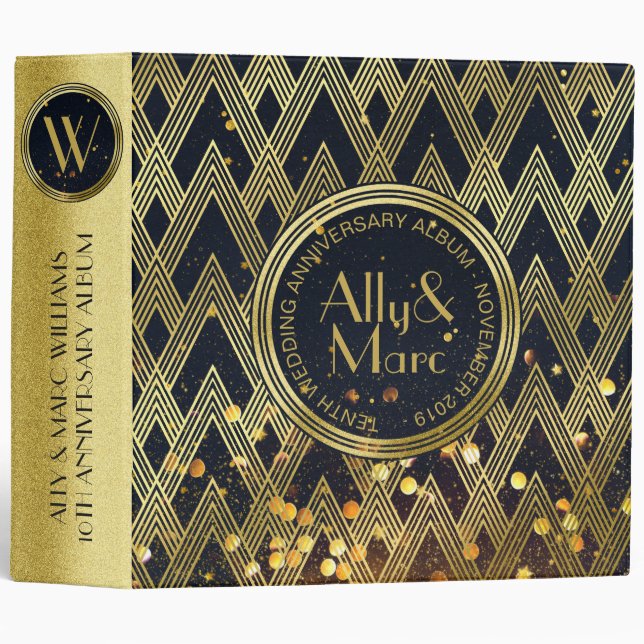 Art Deco Gatsby Glamour Geometric Pattern Monogram Binder (Front/Spine)