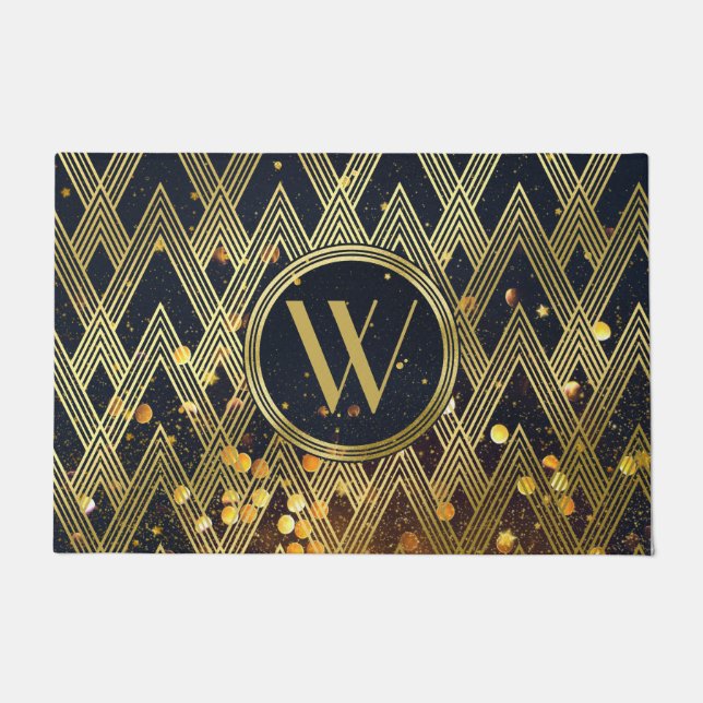 Art Deco Gatsby Glamour Geometric Pattern Monogram Doormat (Front)