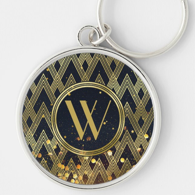 Art Deco Gatsby Glamour Geometric Pattern Monogram Keychain (Front)