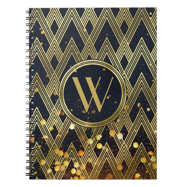 Art Deco Gatsby Glamour Geometric Pattern Monogram Notebook (Front)