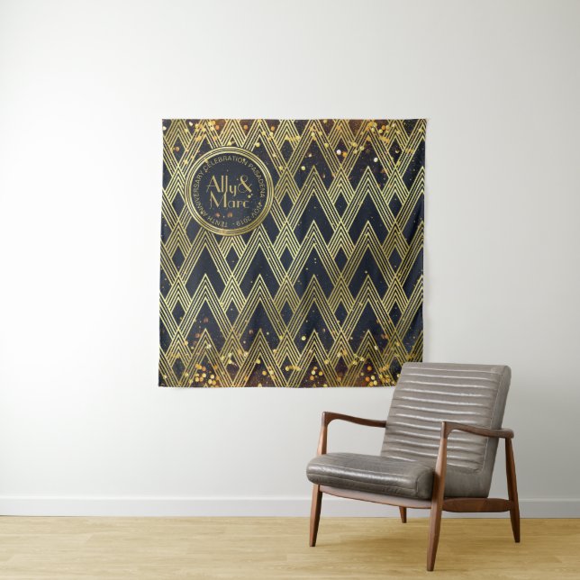 Art Deco Gatsby Glamour Geometric Pattern Monogram Tapestry (In Situ)