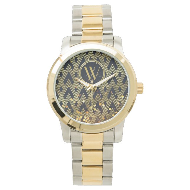 Art Deco Gatsby Glamour Geometric Pattern Monogram Watch (Front)